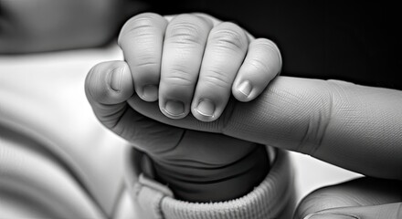 Baby's Tiny Hand Gripping Adult Finger Heartwarming Moment in Black and White
