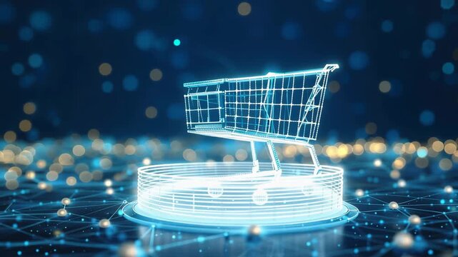 3D wireframe shopping cart on a futuristic glowing platform with digital network connections. 4K Video