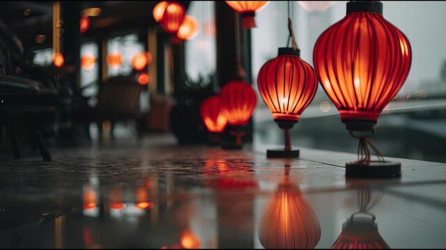 Red lanterns hanging from ceiling in a serene indoor setting with soft lighting and reflective floor
