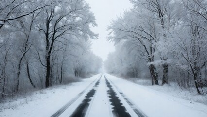 Obraz premium Serene snow-covered road through winter forest.