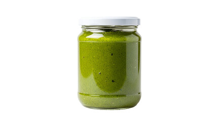 Green sauce in a glass jar with white lid against black background