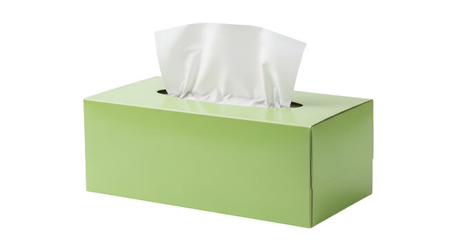 Green rectangular facial tissue box with white tissues on black background