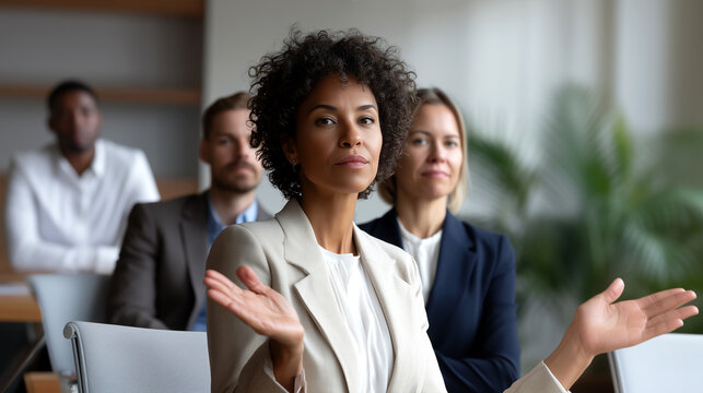 Businesswoman explaining decision to team in office meeting. Female executive delivering serious news, professional rejection or refusal. Corporate communication, difficult conversation, leadership.
