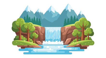 A vibrant landscape featuring mountains a waterfall and lush trees rendered as a striking silhouette on transparent background high quality professional © mrvect02