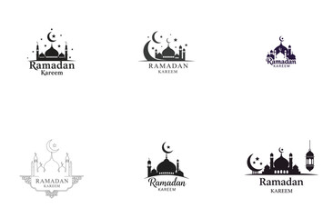 Obraz premium Ramadan Kareem Mosque Logo Set with Crescent Moon and Stars Vector Illustration