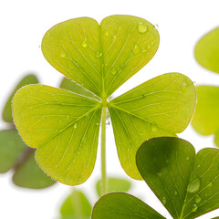 Vibrant green four leaf clover with dew drops on white background St. Patrick's Day