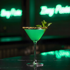 Refreshing green cocktail in a modern bar with mint garnish St. Patrick's Day