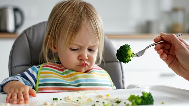 Cute toddler girl tasting broccoli and making a funny face of disgust. Picky eater refusing green vegetables in a high chair. Child disliking healthy food concept