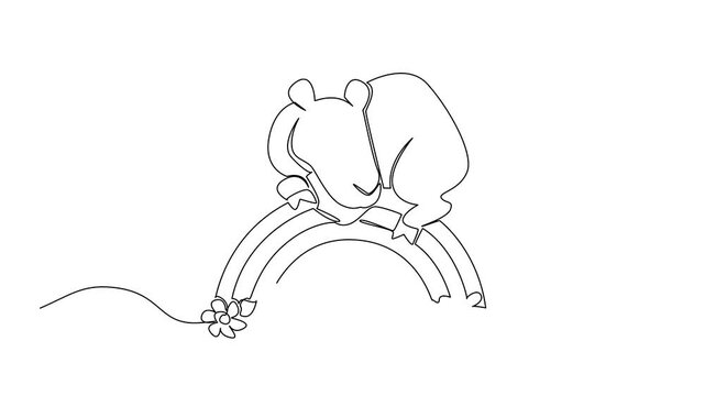 Animated self drawing of one line drawing of lovable camel gently resting comfortably on a rainbow arc between two clouds over daisies for the nature concept theme. Full length single line animation