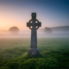 Ancient Celtic cross standing tall in misty green landscape at sunrise St. Patrick's Day