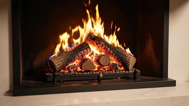 Modern gas fireplace with burning logs in a white mantel. Cozy living room interior with fire tools and red furniture. Winter home heating and comfort concept