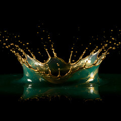 Golden liquid splash on dark background with dynamic movement St. Patrick's Day