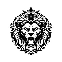 Obraz premium Majestic lion head illustration with crown, mane flowing, roaring fiercely, surrounded by ornate designs in a circular frame from a detailed frontal viewpoint