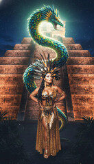 Guerrera azteca con traje dorado y majestuosa serpiente emplumada Quetzalc&oacute;atl frente a una pir&aacute;mide bajo la luna