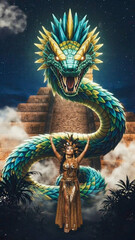 Guerrera azteca con traje dorado y majestuosa serpiente emplumada Quetzalc&oacute;atl frente a una pir&aacute;mide bajo la luna