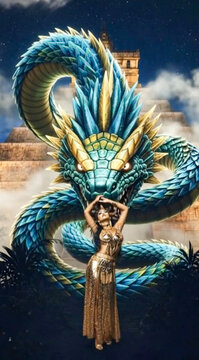 Guerrera azteca con traje dorado y majestuosa serpiente emplumada Quetzalc&oacute;atl frente a una pir&aacute;mide bajo la luna