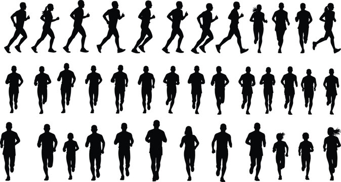 Running silhouette collection, people jogging and sprinting poses, athletic motion design for fitness, sport, training, biomechanics, animation, health exercise elements, flat vector illustration