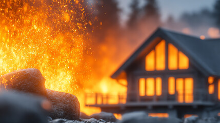 Fototapeta premium A serene scene of a cozy cabin illuminated by warm, flickering flames from a nearby fire, creating a captivating atmosphere.