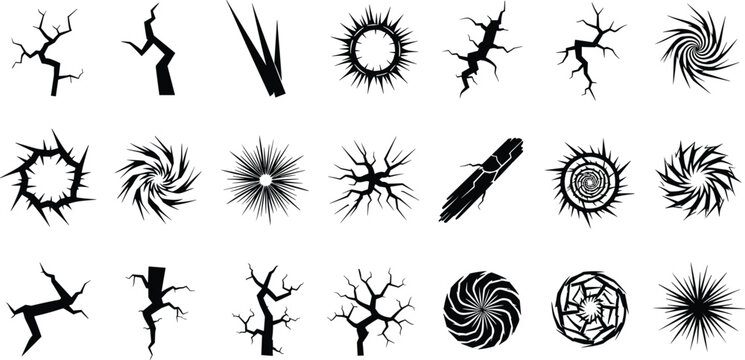 Crack and fracture silhouette collection, broken glass burst patterns, shattered wall effects, damage impact designs for texture, destruction elements, flat vector illustration