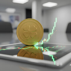 Golden four-leaf clover coin on tablet with rising stock market graph St. Patrick's Day
