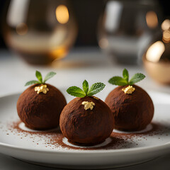 Delicious chocolate truffles with fresh mint on a plate St. Patrick's Day