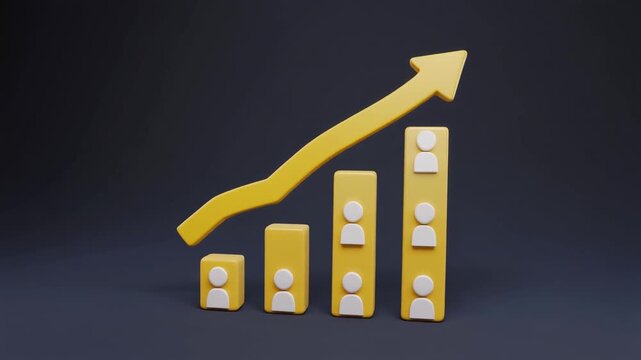 Stylized 3D bar chart with four ascending yellow bars containing people icons, upward curved arrow, symbolizing growth and engagement.