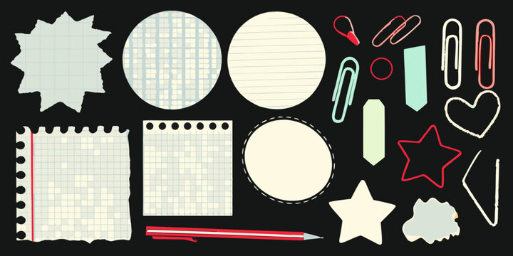 Stationery collection with paper shapes clips and a red pencil on black