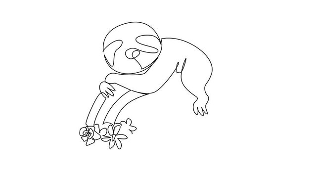 Animated self drawing of single line drawing of sweet and slow moving sloth resting gracefully on top of a rainbow arc decorated. Nature concept for cute animal. Full length single line animation