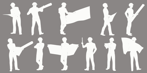 Silhouettes of construction workers in various poses with tools and flags