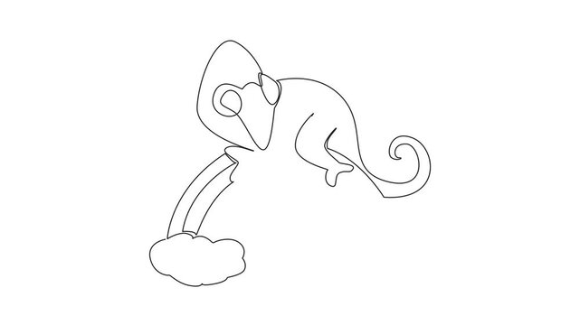 Animated self drawing of single line drawing of charming chameleon resting gracefully on top of rainbow arc decorated with blooming flowers. World Reptile Day. Full length single line animation