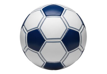 Fototapeta premium Spherical competition sphere featuring alternating dark blue and white pentagonal and hexagonal panels is centered against a pure white background.