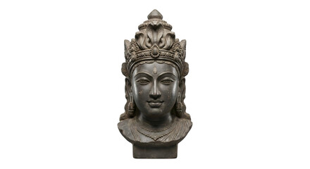 Obraz premium Stone Head Sculpture of Lord Shiva with Intricate Crown Featuring Cobras, Detailed Facial Features, Isolated on White