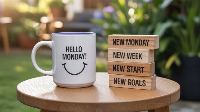 Morning coffee mug proclaiming hello monday next to wooden blocks encouraging a fresh start with new goals for the week ahead