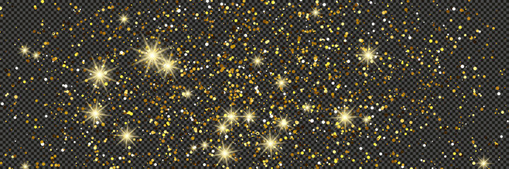 Gold glittering dust with stars on transparent backdrop