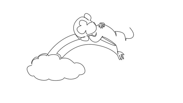 Self drawing animation of one line drawing of playful brown monkey relaxing on its back in a supine pose on top of a bright rainbow arc with fluffy clouds. World Monkey Day. Full length animated