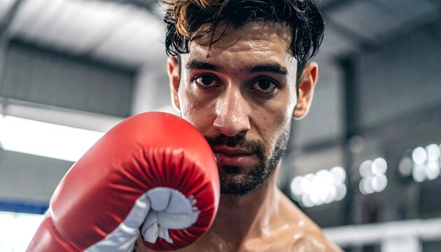 Primer plano de boxeador sudado con guantes rojos durante entrenamiento intenso en gimnasio