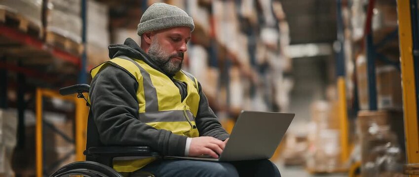 Warehouse worker using a laptop while seated in a wheelchair in a warehouse.