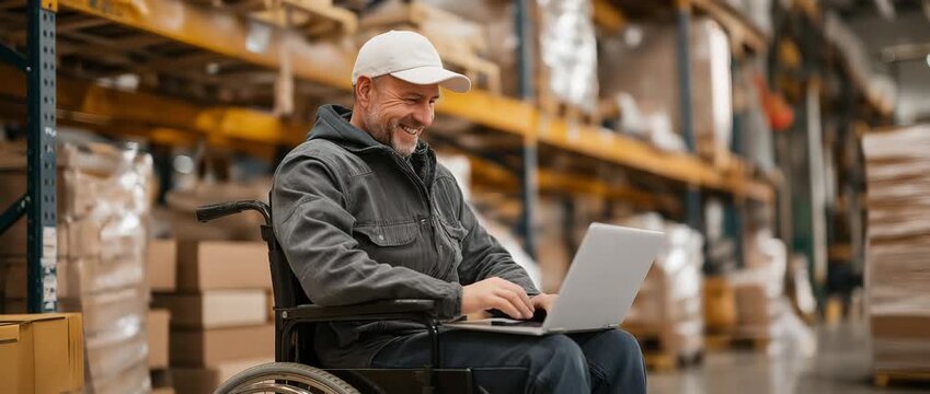 Warehouse worker using a laptop while seated in a wheelchair in a warehouse.