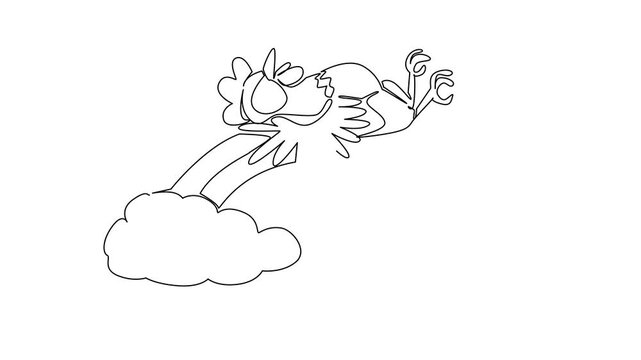 Animation of single line drawing of a cute crowing chicken rooster sleeping supine on a rainbow. Nature concept illustration farm theme for Chinese New Year. Minimalist graphic. Full length motion