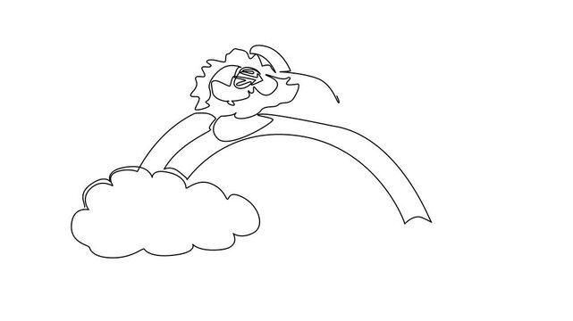 Self drawing animation of single line drawing of cute unique mandrill sleeping supine on a rainbow. Nature concept illustration shows a rainforest theme for primate conservation. Full length animated