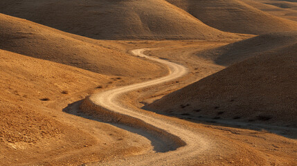 Fototapeta premium A winding dirt road traverses through a dry and arid desert landscape with rolling hills