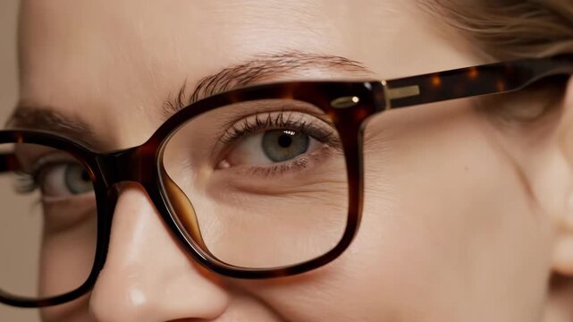 A close-up of a woman's happy eye smiling while wearing tortoiseshell glasses. A female model with stylish eyewear. Vision and optometry concept