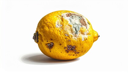 Moldy lemon shows signs of decay with green and brown spots on its skin in a bright setting