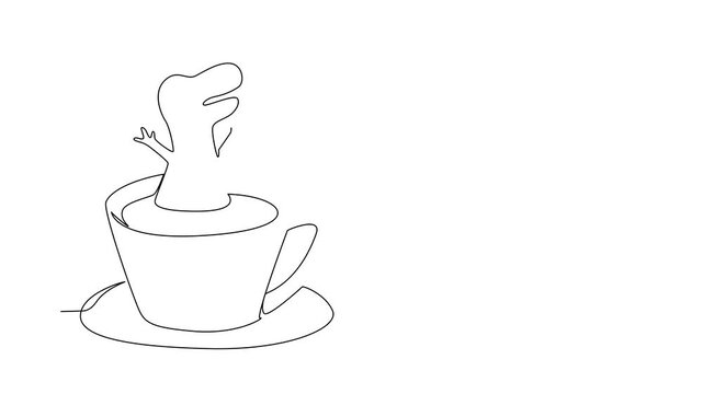 Self drawing animation of single line drawing of cute roaring dinosaur t rex features extinct animal soaking in coffee cup for prehistoric concept. Minimalist design museum day. Full length animated