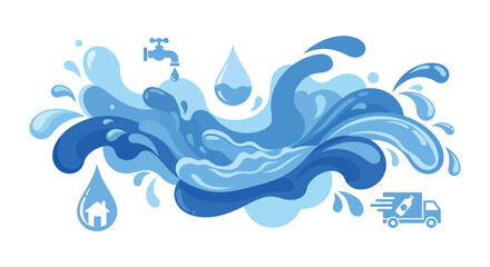 Dynamic water splash graphic with droplet faucet house and vehicle elements on transparent background silhouette high quality professional detailed modern elegant