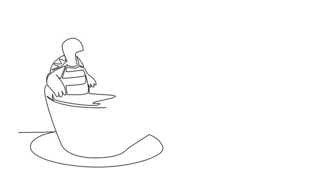 Animation of continuous line drawing of cute playful tortoise shows cute animal soaking in coffee cup. Unique design features the reptile for an international turtle day theme. Full length motion