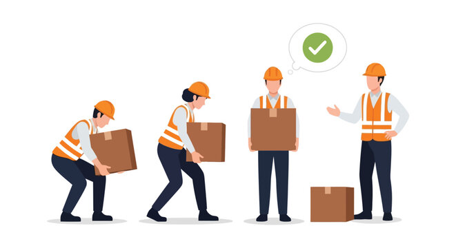 Construction workers carrying boxes with a checkmark symbol depicting proper lifting techniques on transparent background silhouette high quality professional detailed modern