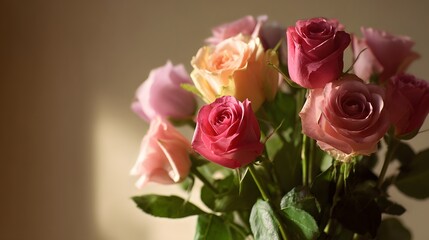 Vibrant Bouquet of Mixed Roses Bathed in Warm Sunlight.
