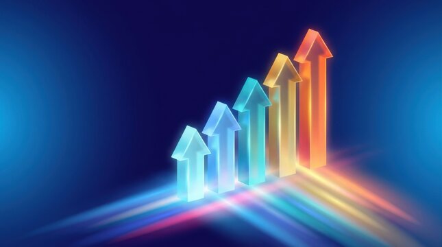 A row of five colorful glowing arrows pointing upwards on a dark blue background