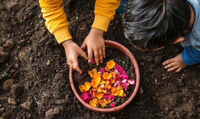 Children's hands arranging colorful rose petals in a garden, engaging in a sensory play activity.